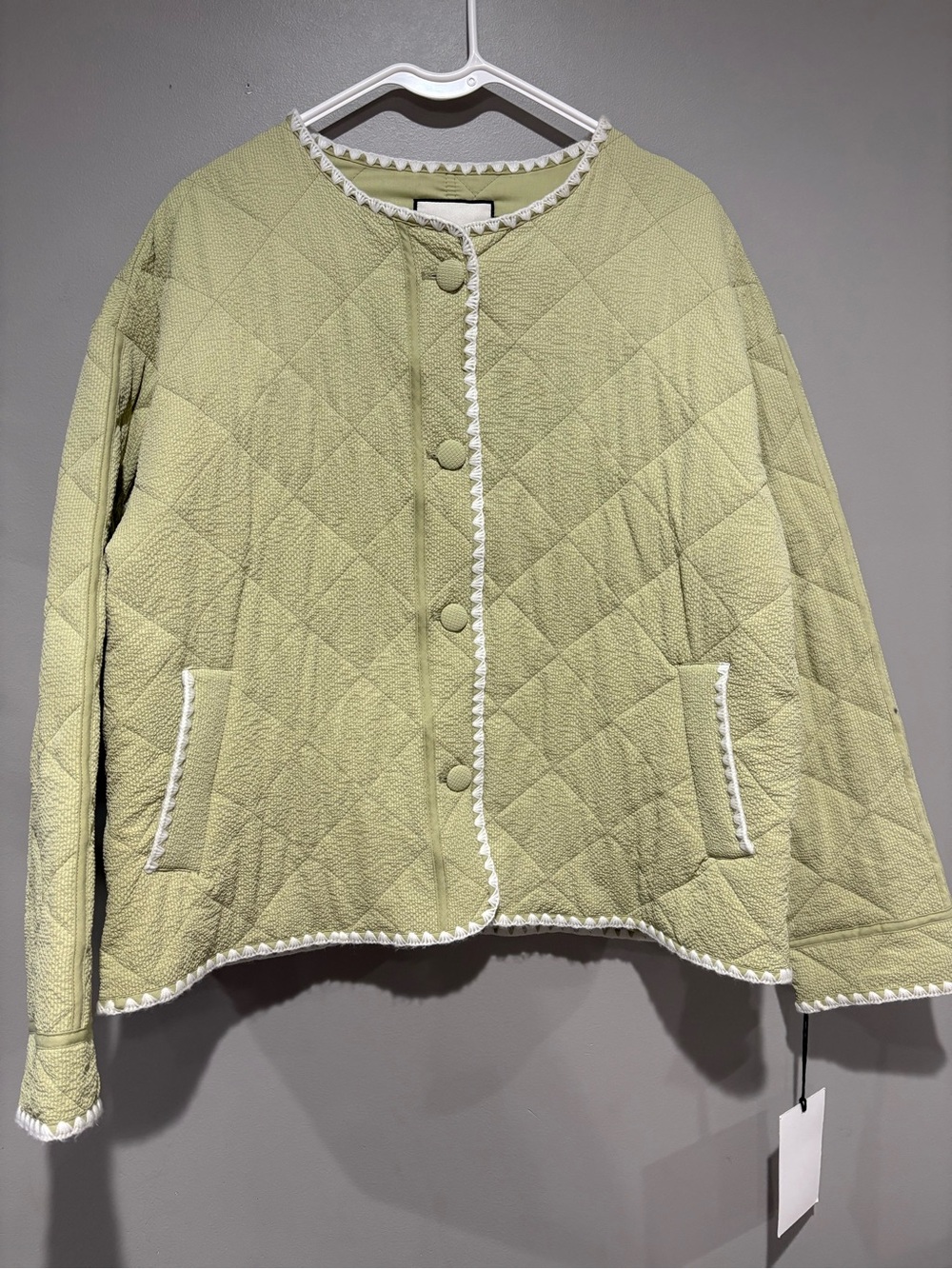 NWT Bagatelle Collection Sage Green Quilted Jacket Crochet Trim Boho M